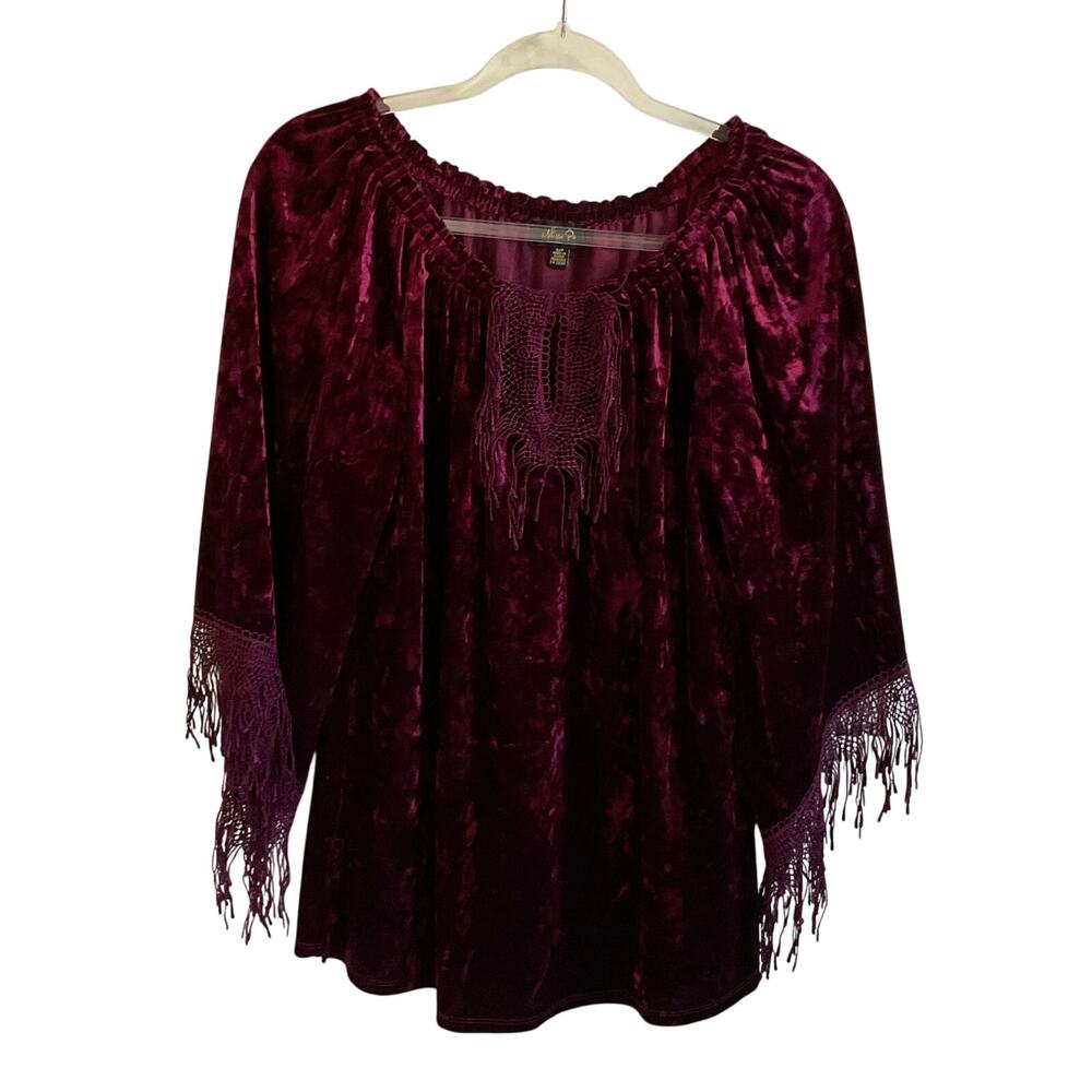 Melissa Paige Small Burgundy Wine Crushed Velvet Fringe‎ Whimsy Goth Blouse